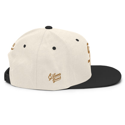 "SAN" Wool Blend Snapback Hat | Yupoong 6089M | E Luna Brand PREMIUM Quadcrest 4 Old Gold Thread Logos: Front, Left, Right Signature & Back [3D Puff Edition]