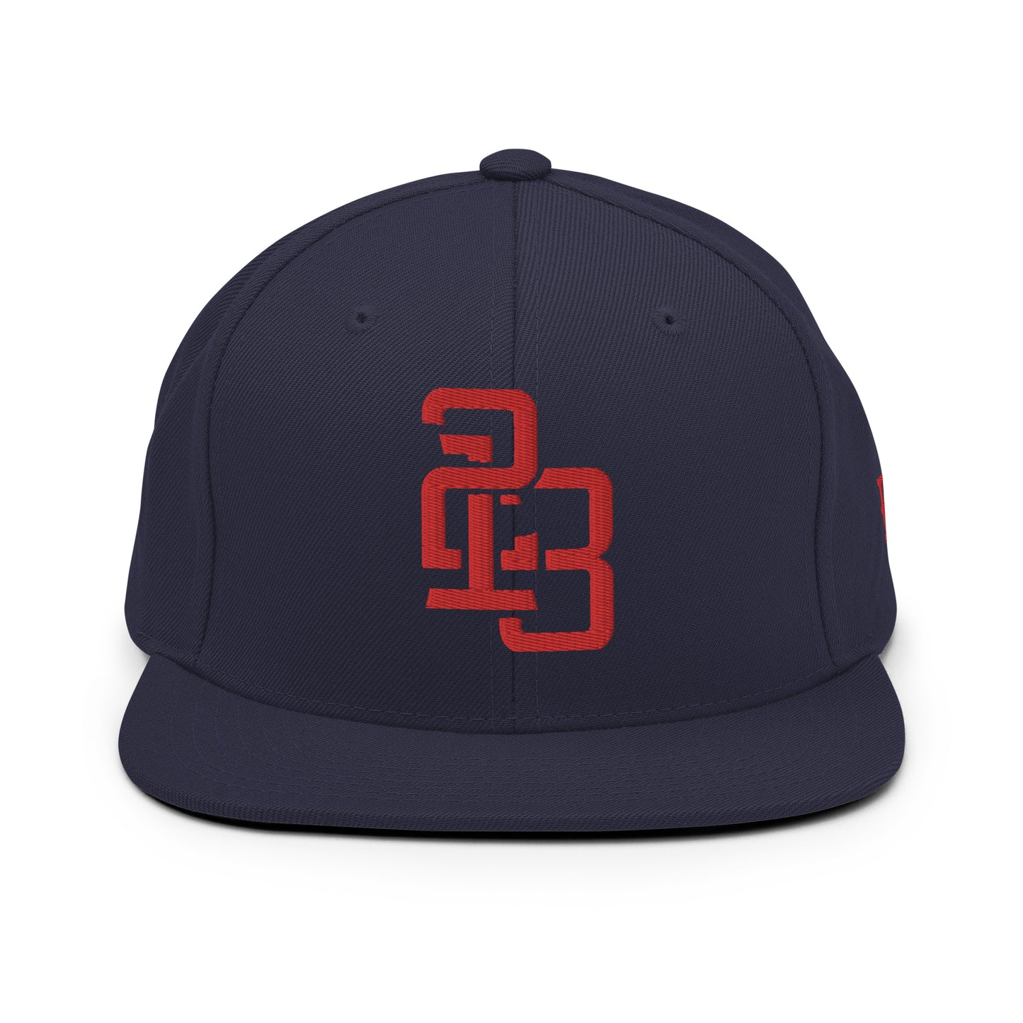 "213" Wool Blend Snapback Hat | Yupoong 6089M | E Luna ESSENTIAL Duocrest 2 Red Thread Front & Left Side Logos