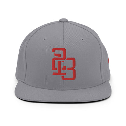 "213" Wool Blend Snapback Hat | Yupoong 6089M | E Luna ESSENTIAL Duocrest 2 Red Thread Front & Left Side Logos