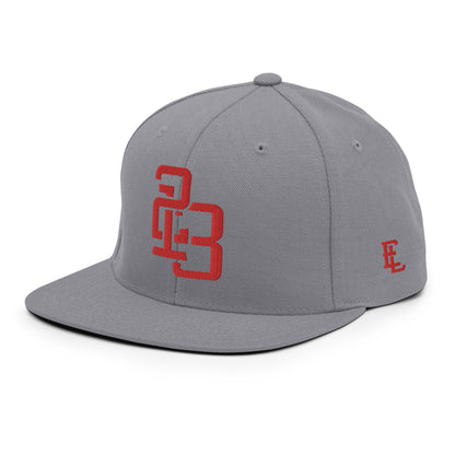 "213" Wool Blend Snapback Hat | Yupoong 6089M | E Luna ESSENTIAL Duocrest 2 Red Thread Front & Left Side Logos