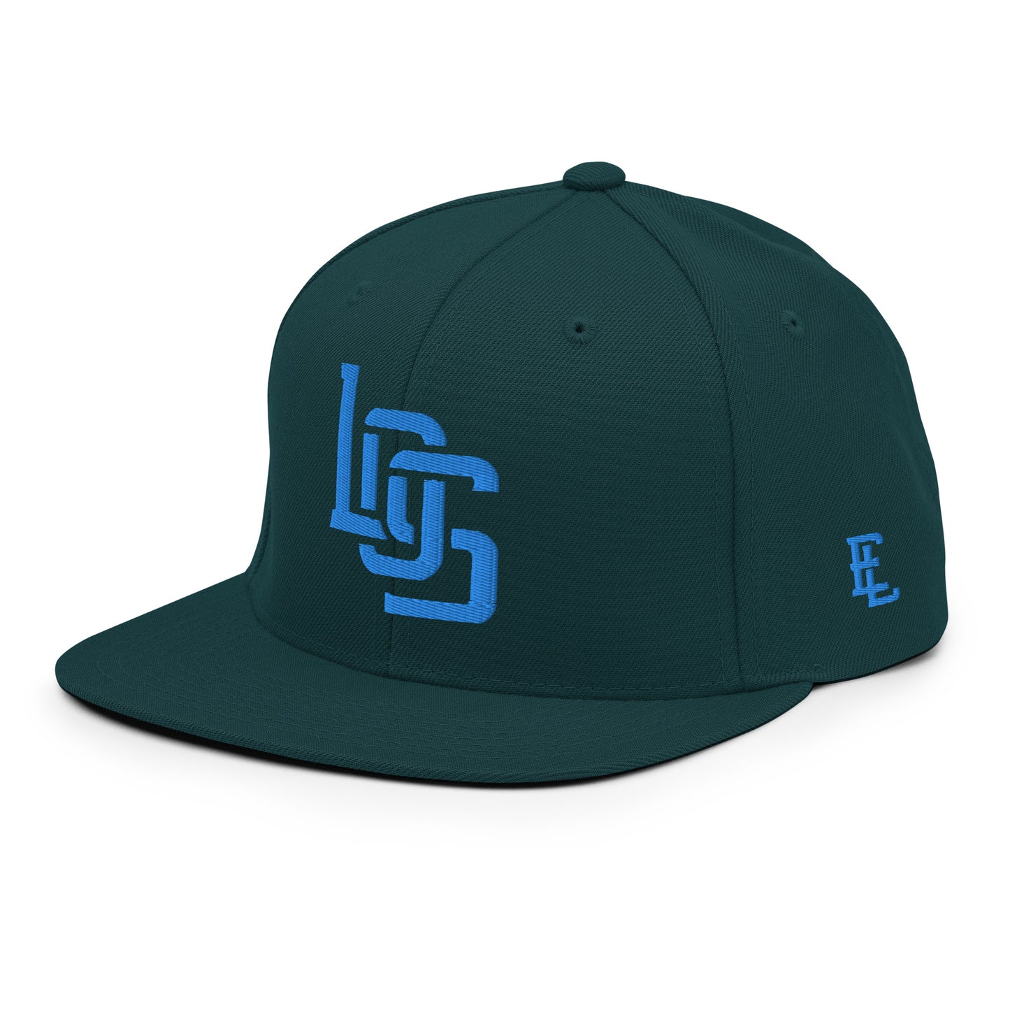 "LOS" Wool Blend Snapback Hat | Yupoong 6089M | E Luna ESSENTIAL Duocrest 2 Aqua/Teal Thread Front & Left Side Logos