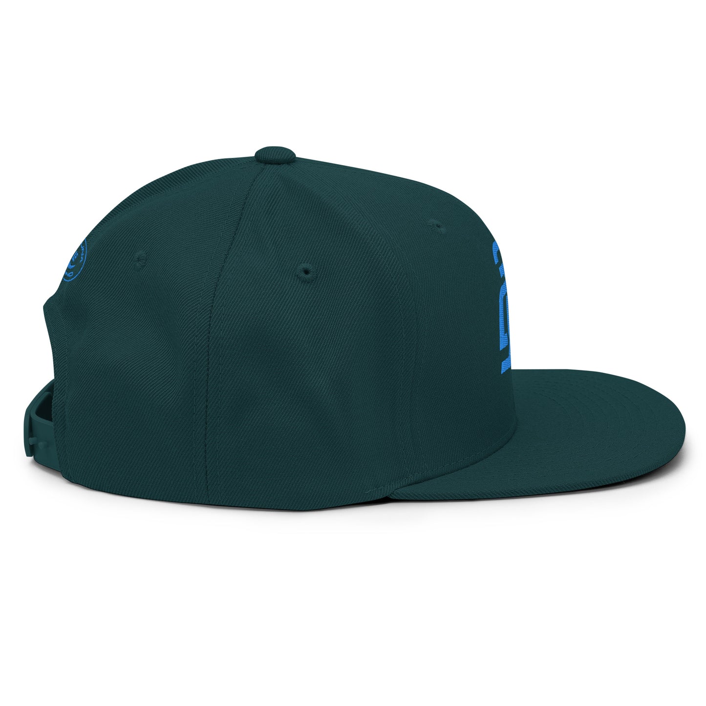 "213" Wool Blend Snapback Hat | Yupoong 6089M | E Luna SELECT Tricrest 3 Aqua/Teal Thread Front, Left Side & Back Logos