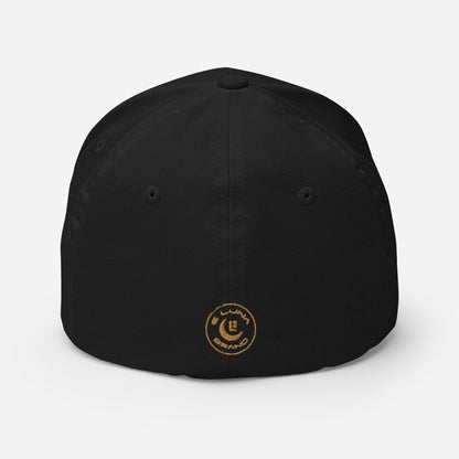 "LOS" Structured Twill Cap | Flexfit 6277 | E Luna SELECT Tricrest 3 Old Gold Thread Front, Left Side & Back Logos