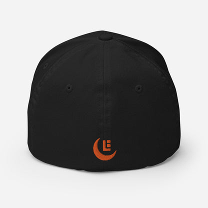 "SAN" Structured Twill Cap | Flexfit 6277 | E Luna Brand PREMIUM Quadcrest 4 Orange Thread Logos: Front, Left, Right Signature & Back [3D Puff Edition]