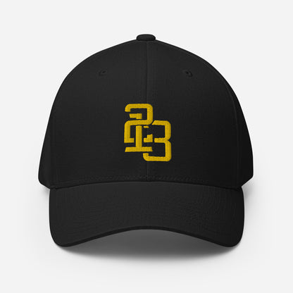 "213" Structured Twill Cap | Flexfit 6277 | E Luna ESSENTIAL Duocrest 2 Gold Thread Front & Left Side Logos