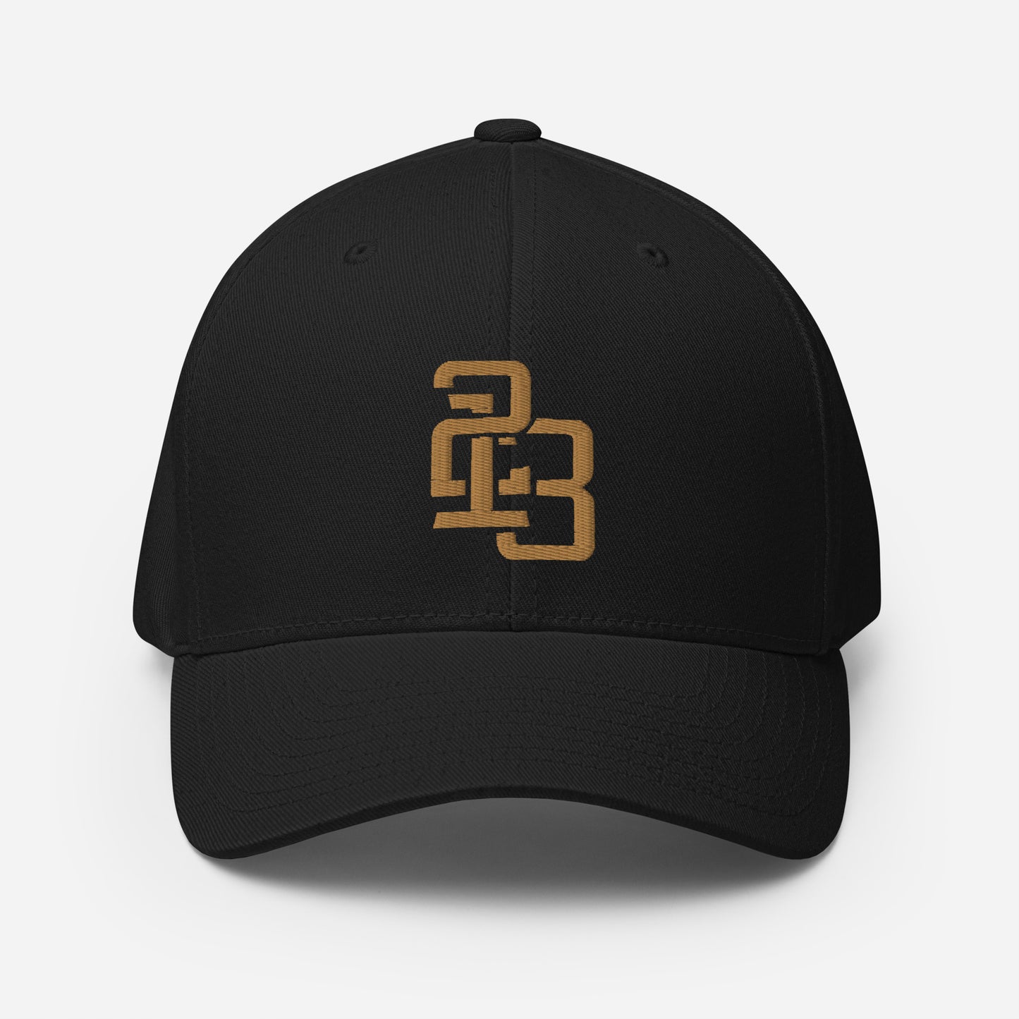 "213" Structured Twill Cap | Flexfit 6277 | E Luna ESSENTIAL Duocrest 2 Old Gold Thread Front & Left Side Logos