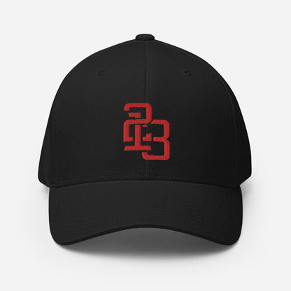 "213" Structured Twill Cap | Flexfit 6277 | E Luna ESSENTIAL Duocrest 2 Red Thread Front & Left Side Logos