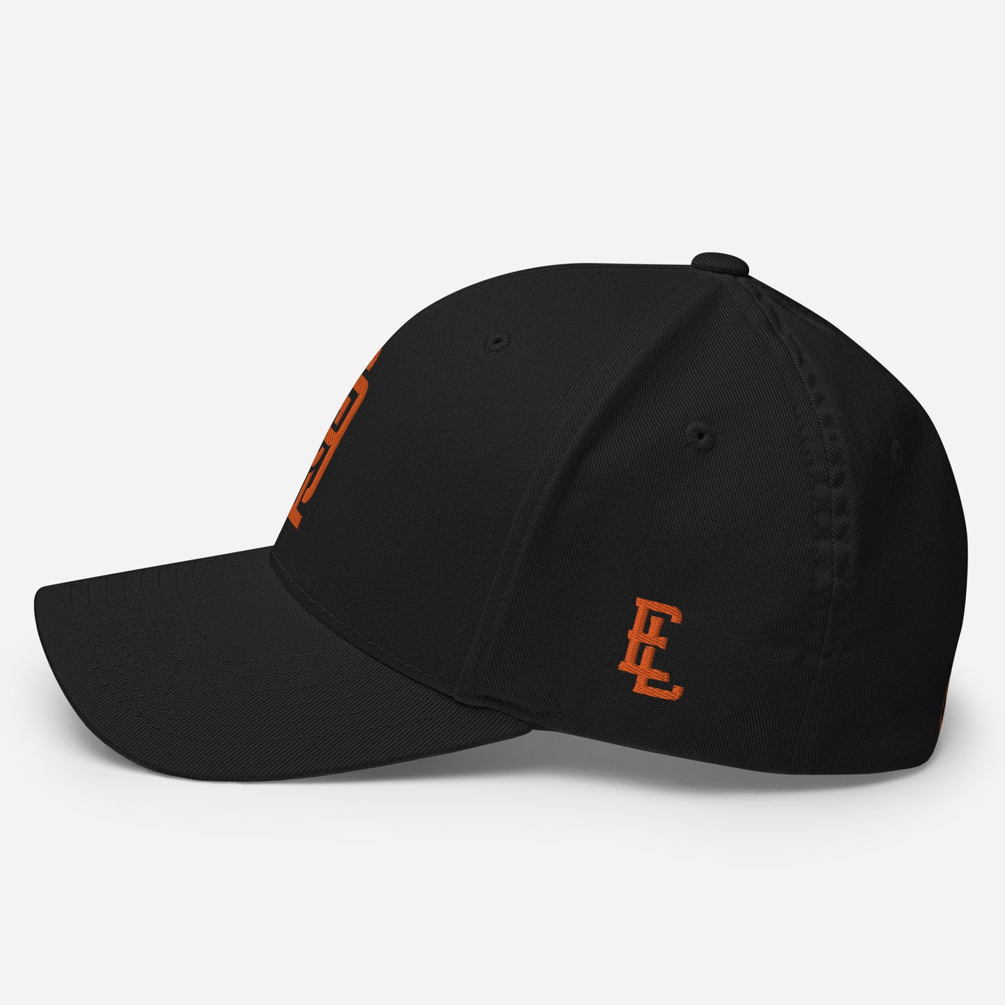 "619" Structured Twill Cap | Flexfit 6277 | E Luna SELECT Tricrest 3 Orange Thread Front, Left Side & Back Logos