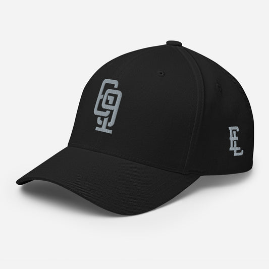 "619" Structured Twill Cap | Flexfit 6277 | E Luna Brand SELECT Tricrest 3 Grey Thread Front, Left Side & Back Logos