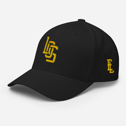 "LOS" Structured Twill Cap | Flexfit 6277 | E Luna SELECT Tricrest 3 Gold Thread Front, Left Side & Back Logos