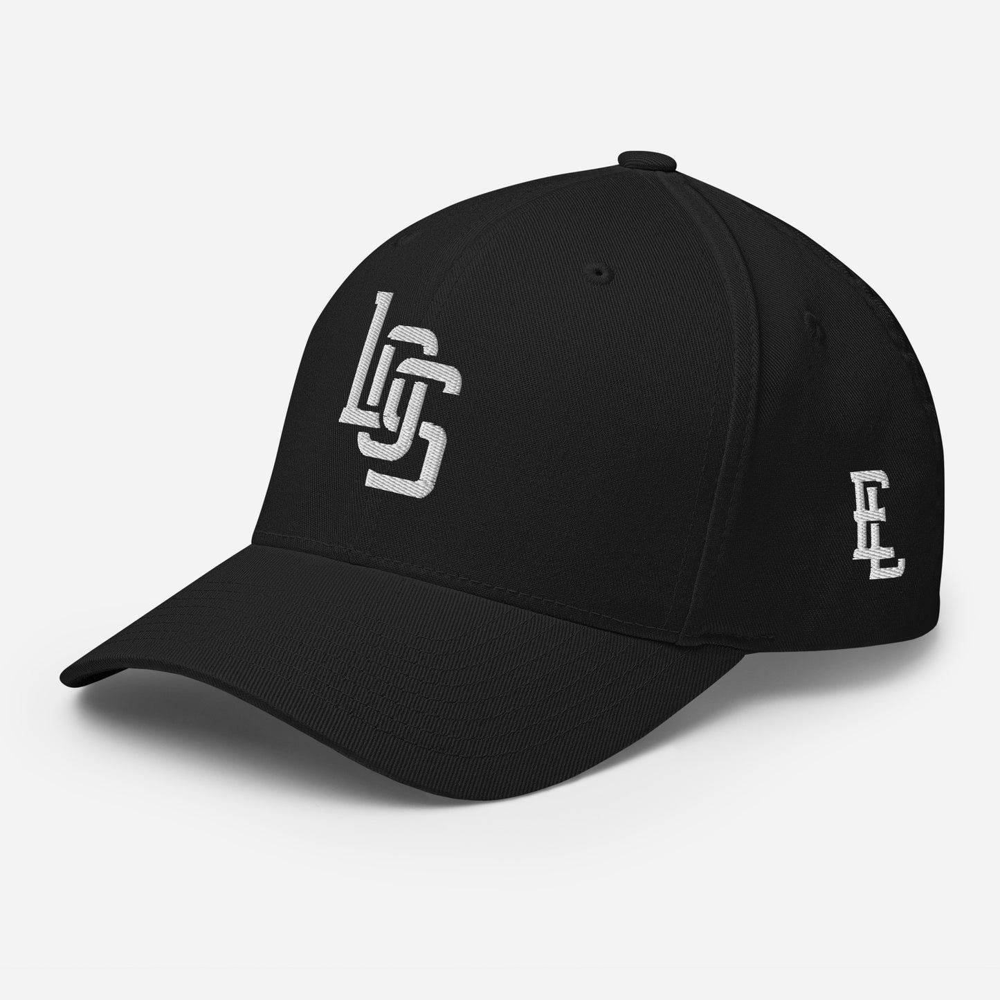 "LOS" Structured Twill Cap | Flexfit 6277 | E Luna SELECT Tricrest 3 White Thread Front, Left Side & Back Logos