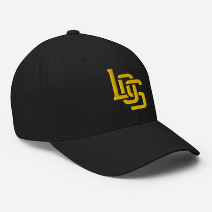 "LOS" Structured Twill Cap | Flexfit 6277 | E Luna SELECT Tricrest 3 Gold Thread Front, Left Side & Back Logos