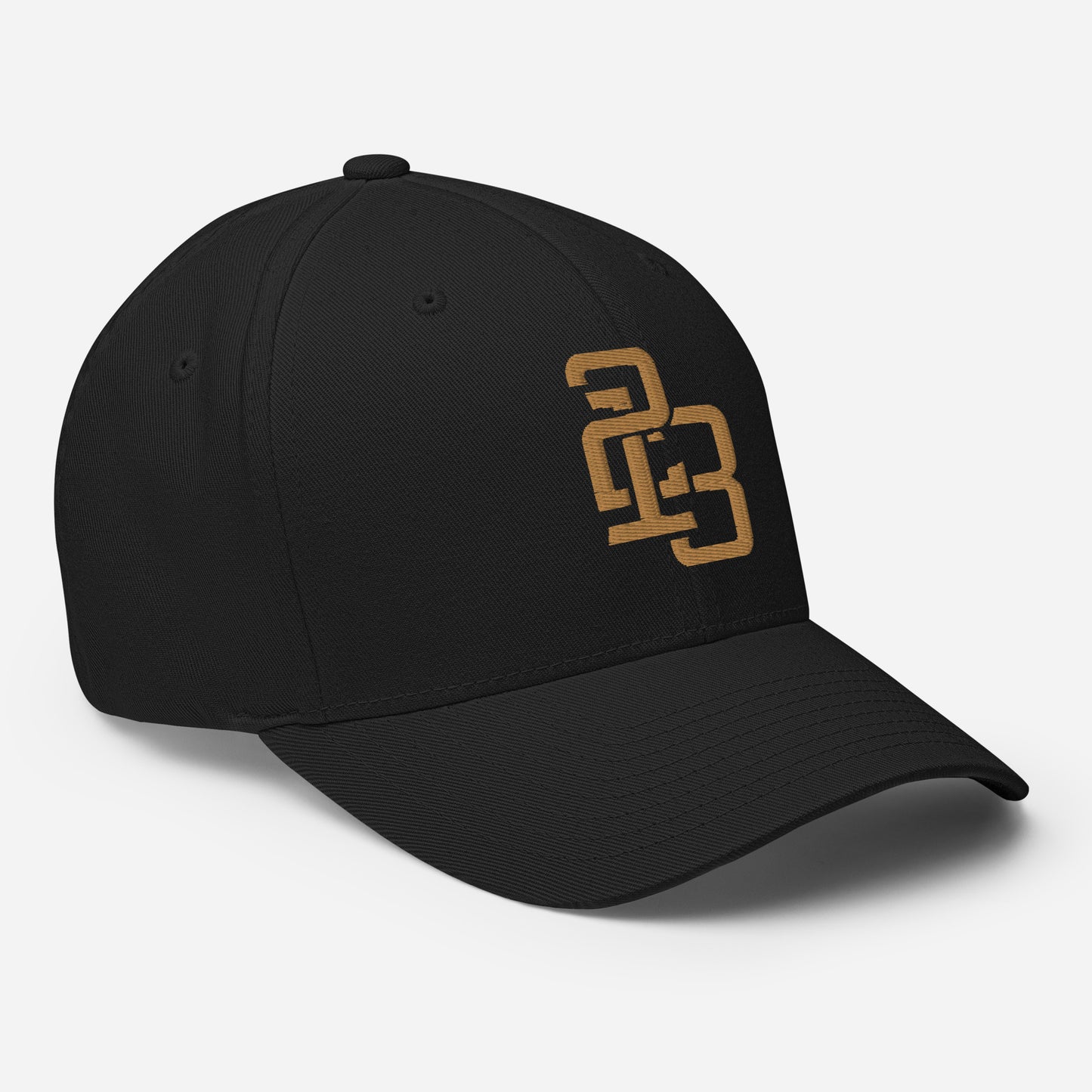 "213" Structured Twill Cap | Flexfit 6277 | E Luna SELECT Tricrest 3 Old Gold Thread Front, Left Side & Back Logos