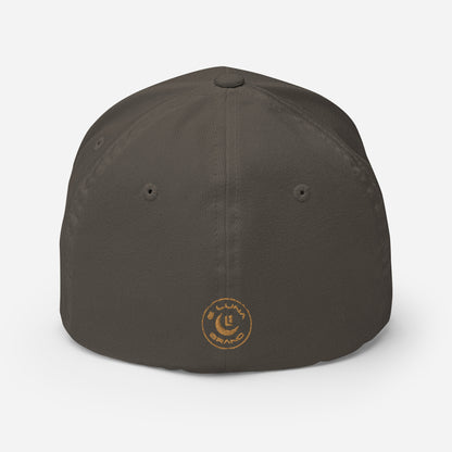 "619" Structured Twill Cap | Flexfit 6277 | E Luna Brand SELECT Tricrest 3 Old Gold Thread Front, Left Side & Back Logos