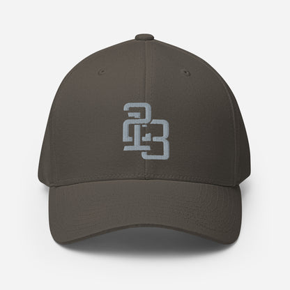 "213" Structured Twill Cap | Flexfit 6277 | E Luna ESSENTIAL Duocrest 2 Grey Thread Front & Left Side Logos