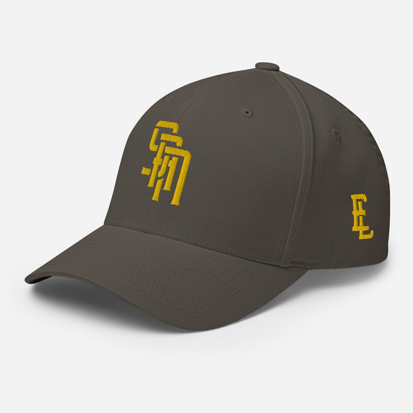 "SAN" Structured Twill Cap | Flexfit 6277 | E Luna Brand ESSENTIAL Duocrest 2 Gold Thread Logos: Front & Left