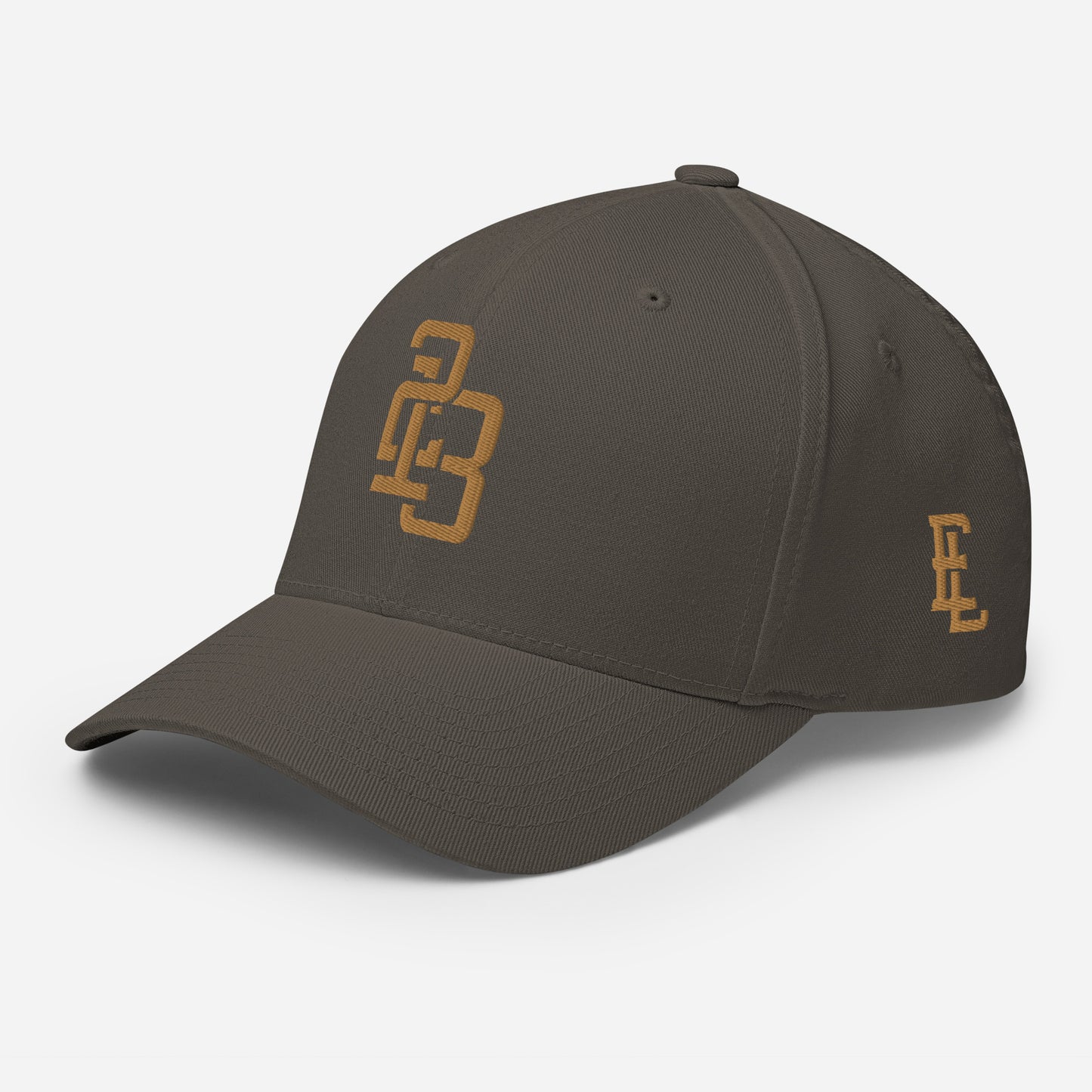 "213" Structured Twill Cap | Flexfit 6277 | E Luna SELECT Tricrest 3 Old Gold Thread Front, Left Side & Back Logos