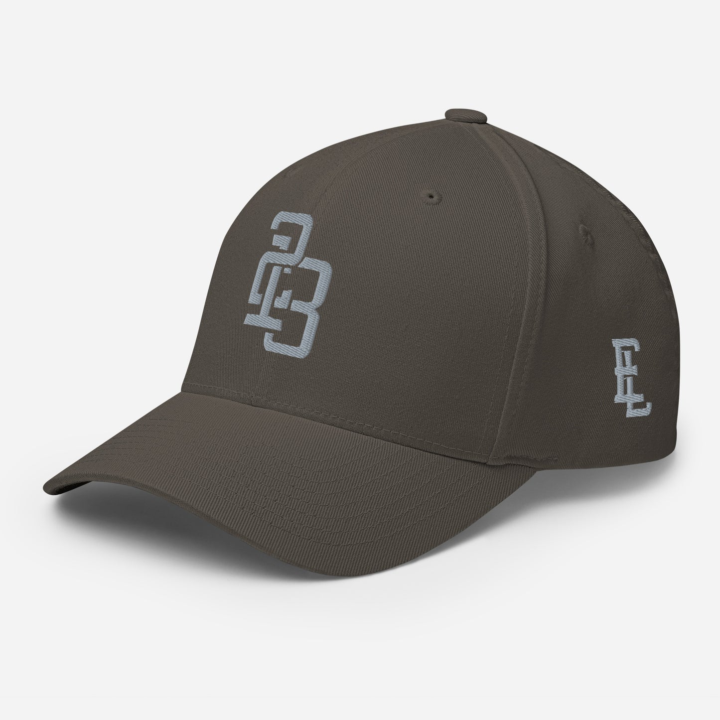 "213" Structured Twill Cap | Flexfit 6277 | E Luna SELECT Tricrest 3 Grey Thread Front, Left Side & Back Logos