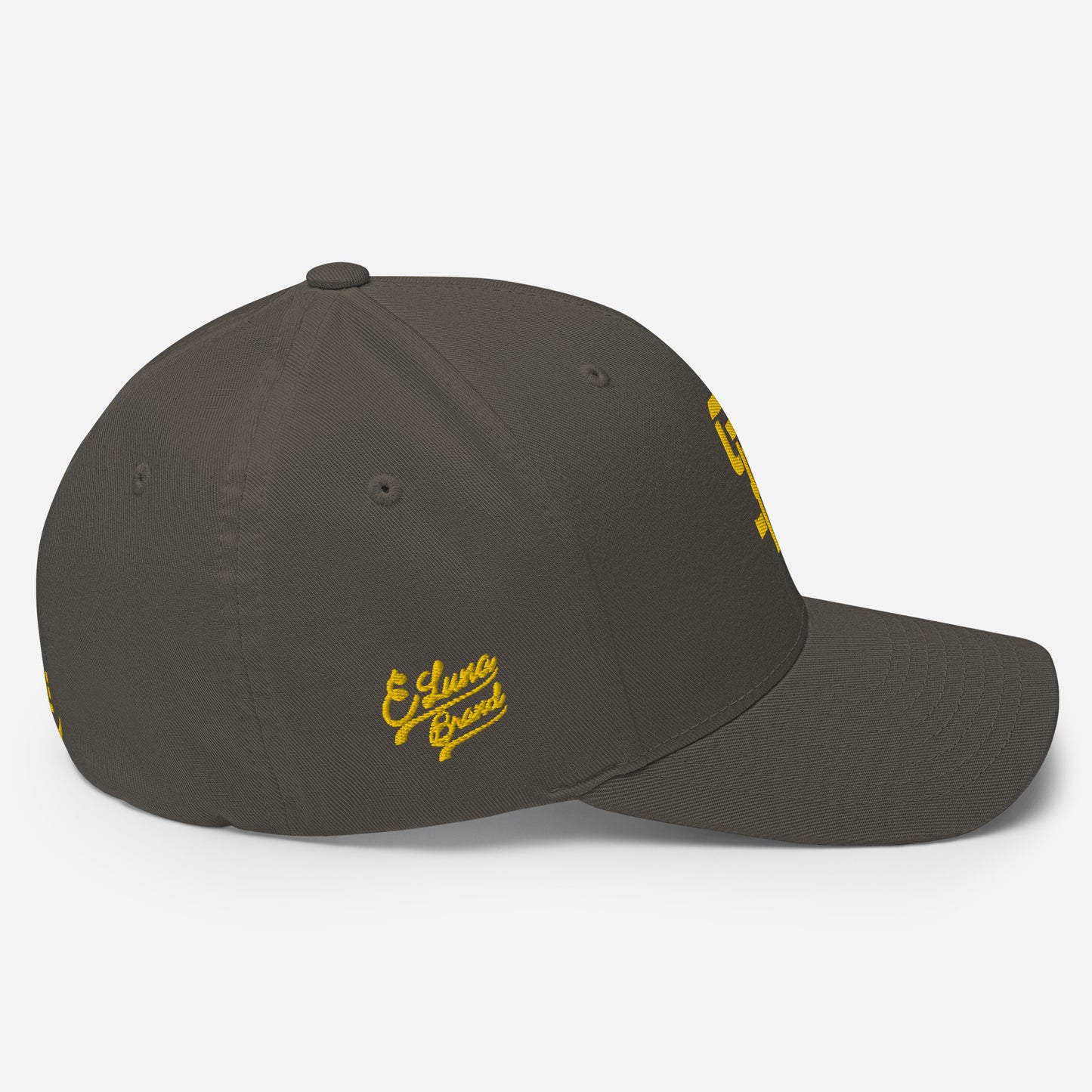 "SAN" Structured Twill Cap | Flexfit 6277 | E Luna Brand PREMIUM Quadcrest 4 Gold Thread Logos: Front, Left, Right Signature & Back [3D Puff Edition]