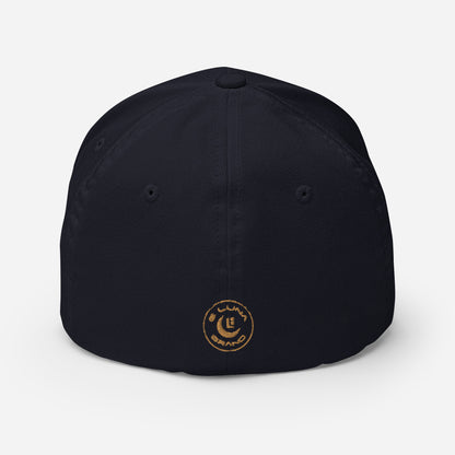 "619" Structured Twill Cap | Flexfit 6277 | E Luna Brand SELECT Tricrest 3 Old Gold Thread Front, Left Side & Back Logos