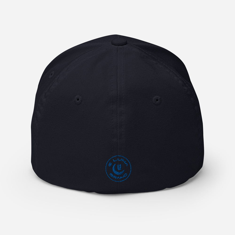 "213" Structured Twill Cap | Flexfit 6277 | E Luna SELECT Tricrest 3 Royal Thread Front, Left Side & Back Logos