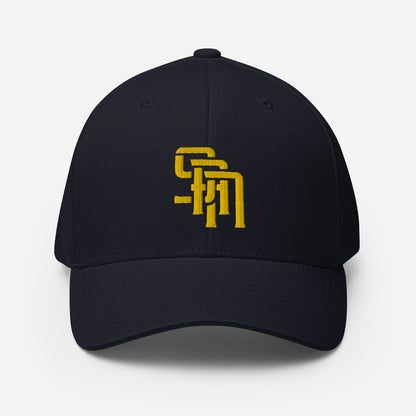 "SAN" Structured Twill Cap | Flexfit 6277 | E Luna Brand ESSENTIAL Duocrest 2 Gold Thread Logos: Front & Left