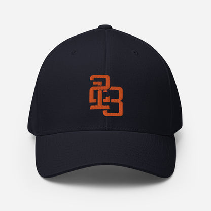 "213" Structured Twill Cap | Flexfit 6277 | E Luna SELECT Tricrest 3 Orange Thread Front, Left Side & Back Logos