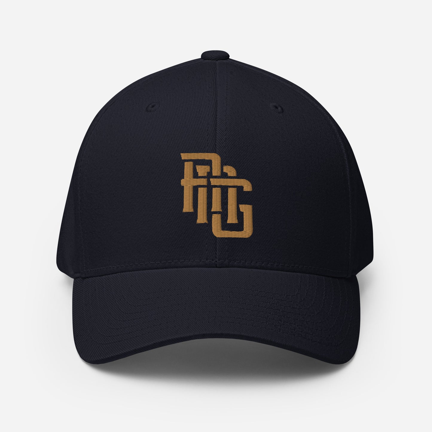 "ANG" Structured Twill Cap | Flexfit 6277 | E Luna ESSENTIAL Duocrest 2 Old Gold Thread Front & Left Side Logos