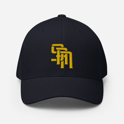 "SAN" Structured Twill Cap | Flexfit 6277 | E Luna Brand PREMIUM Quadcrest 4 Gold Thread Logos: Front, Left, Right Signature & Back [3D Puff Edition]