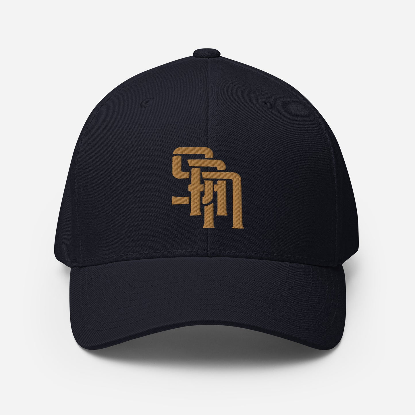 "SAN" Structured Twill Cap | Flexfit 6277 | E Luna Brand SELECT Tricrest 3 Old Gold Thread Logos: Front, Left & Back [3D Puff Edition]