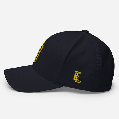 "619" Structured Twill Cap | Flexfit 6277 | E Luna SELECT Tricrest 3 Gold Thread Front, Left Side & Back Logos