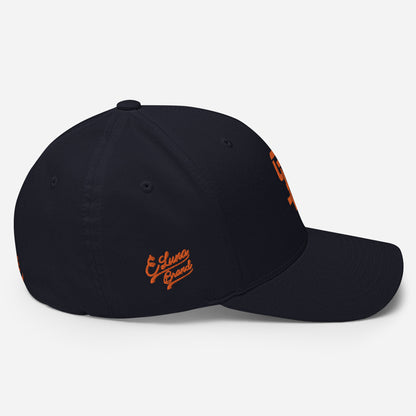 "SAN" Structured Twill Cap | Flexfit 6277 | E Luna Brand PREMIUM Quadcrest 4 Orange Thread Logos: Front, Left, Right Signature & Back [3D Puff Edition]