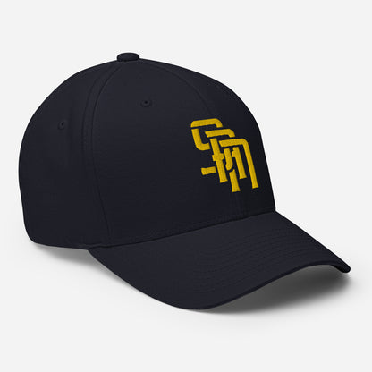 "SAN" Structured Twill Cap | Flexfit 6277 | E Luna Brand ESSENTIAL Duocrest 2 Gold Thread Logos: Front & Left