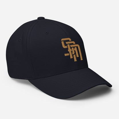 "SAN" Structured Twill Cap | Flexfit 6277 | E Luna Brand ESSENTIAL Duocrest 2 Old Gold Thread Logos: Front & Left