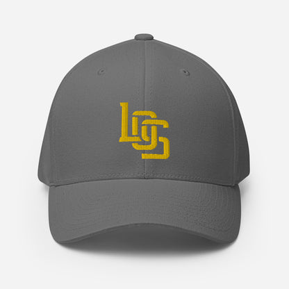 "LOS" Structured Twill Cap | Flexfit 6277 | E Luna SELECT Tricrest 3 Gold Thread Front, Left Side & Back Logos