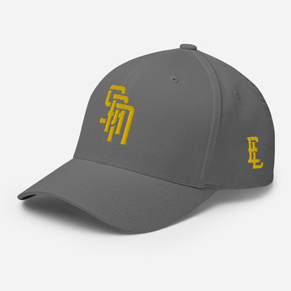 "SAN" Structured Twill Cap | Flexfit 6277 | E Luna Brand ESSENTIAL Duocrest 2 Gold Thread Logos: Front & Left