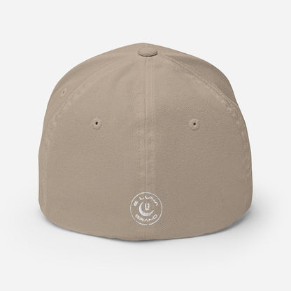 "619" Structured Twill Cap | Flexfit 6277 | E Luna Brand SELECT Tricrest 3 White Thread Front, Left Side & Back Logos