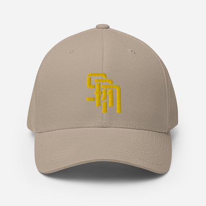 "SAN" Structured Twill Cap | Flexfit 6277 | E Luna Brand ESSENTIAL Duocrest 2 Gold Thread Logos: Front & Left