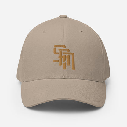 "SAN" Structured Twill Cap | Flexfit 6277 | E Luna Brand ESSENTIAL Duocrest 2 Old Gold Thread Logos: Front & Left