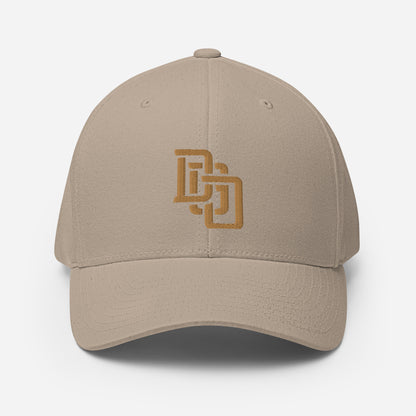 "DGO" Structured Twill Cap | Flexfit 6277 | E Luna Brand ESSENTIAL Duocrest 2 Old Gold Thread Logos: Front & Left