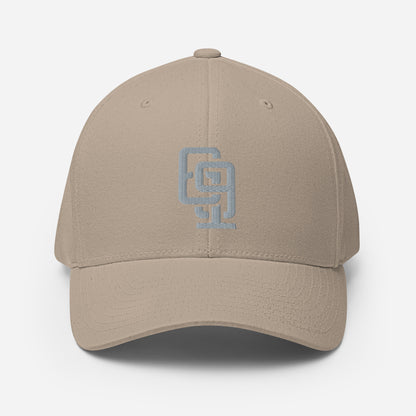 "619" Structured Twill Cap | Flexfit 6277 | E Luna Brand SELECT Tricrest 3 Grey Thread Front, Left Side & Back Logos