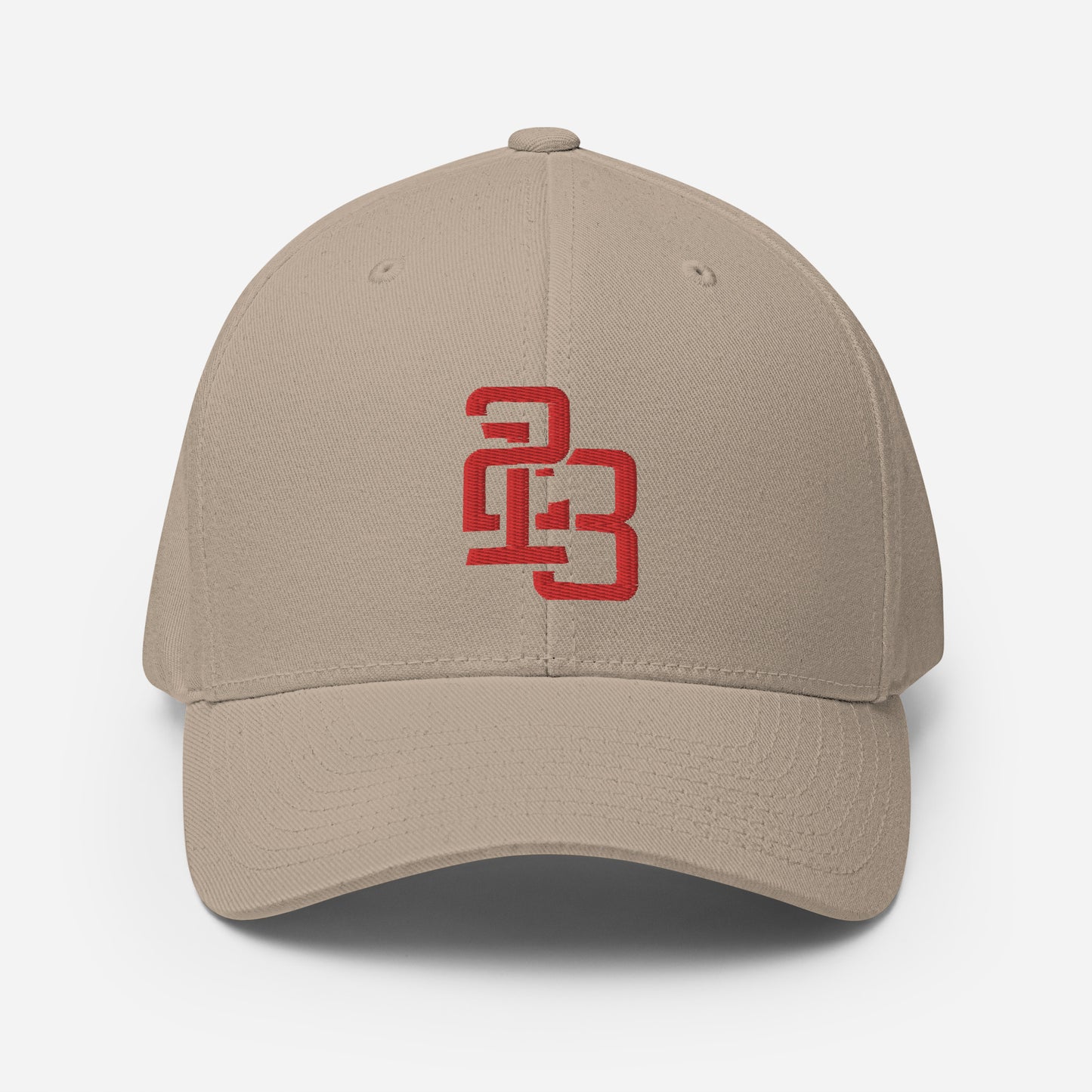 "213" Structured Twill Cap | Flexfit 6277 | E Luna ESSENTIAL Duocrest 2 Red Thread Front & Left Side Logos