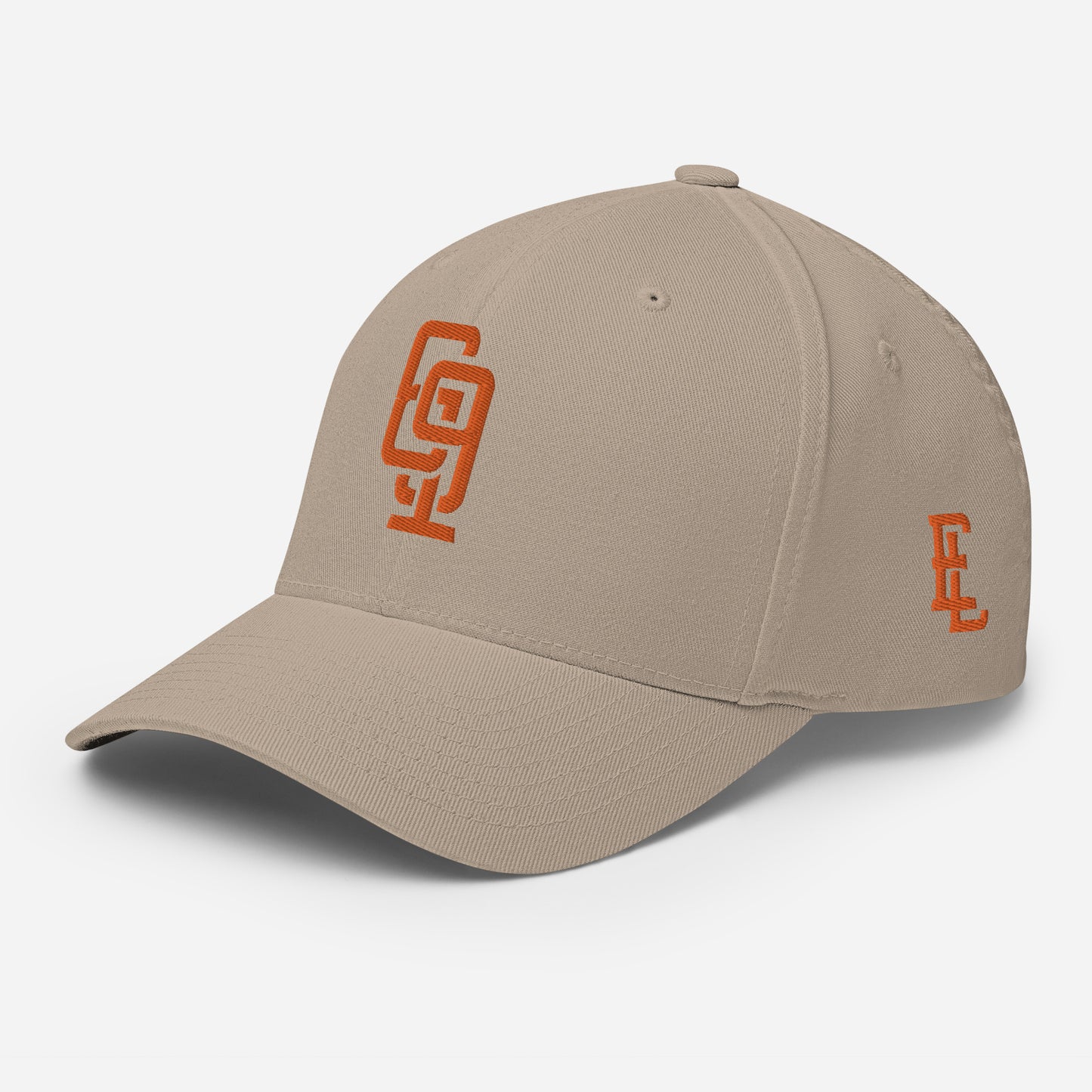 "619" Structured Twill Cap | Flexfit 6277 | E Luna SELECT Tricrest 3 Orange Thread Front, Left Side & Back Logos