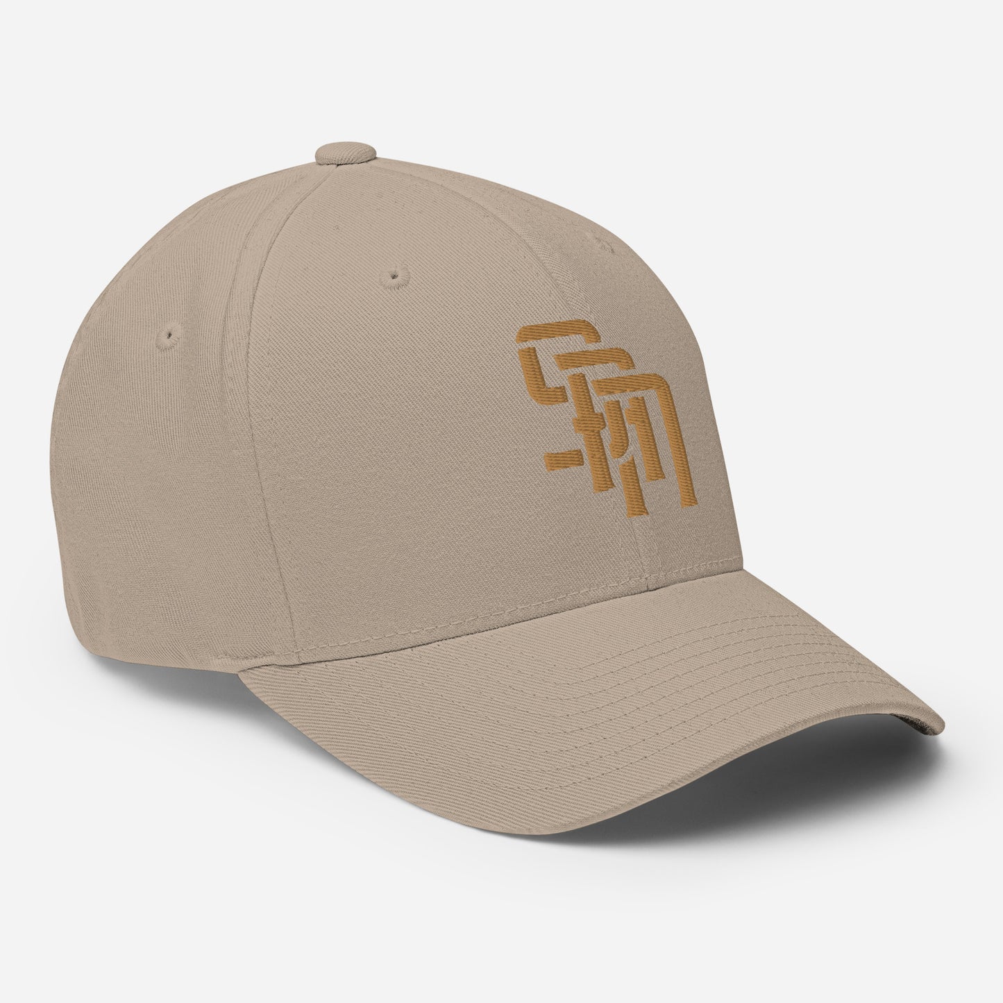 "SAN" Structured Twill Cap | Flexfit 6277 | E Luna Brand ESSENTIAL Duocrest 2 Old Gold Thread Logos: Front & Left