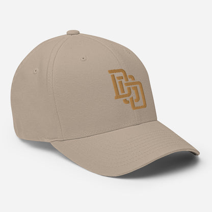 "DGO" Structured Twill Cap | Flexfit 6277 | E Luna Brand ESSENTIAL Duocrest 2 Old Gold Thread Logos: Front & Left