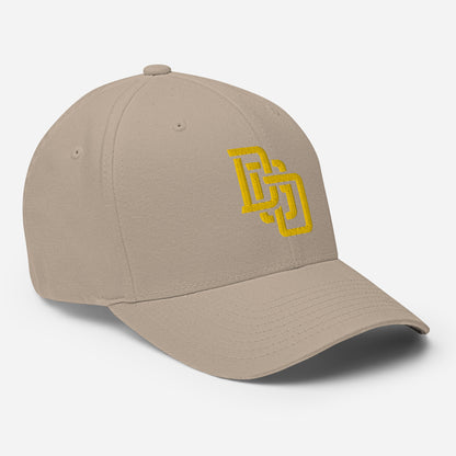 "DGO" Structured Twill Cap | Flexfit 6277 | E Luna Brand ESSENTIAL Duocrest 2 Gold Thread Logos: Front & Left