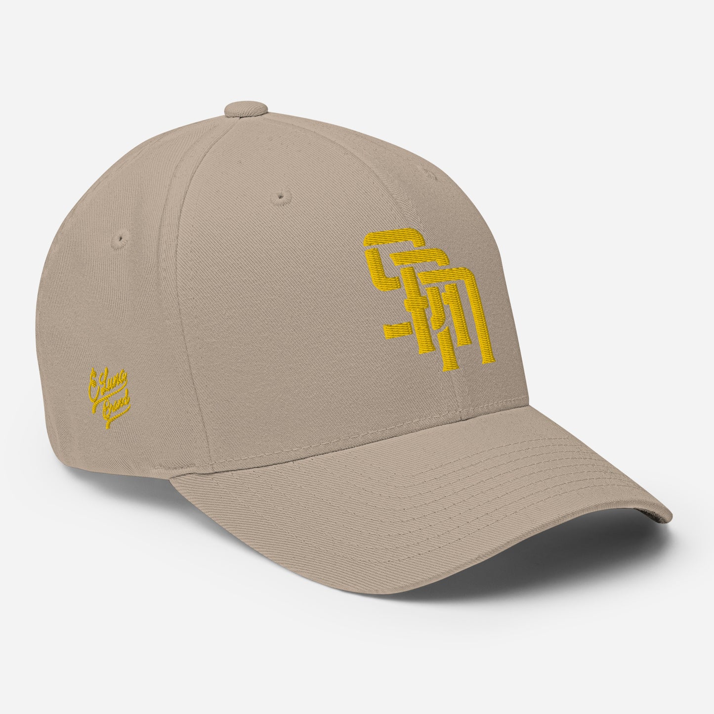 "SAN" Structured Twill Cap | Flexfit 6277 | E Luna Brand PREMIUM Quadcrest 4 Gold Thread Logos: Front, Left, Right Signature & Back [3D Puff Edition]