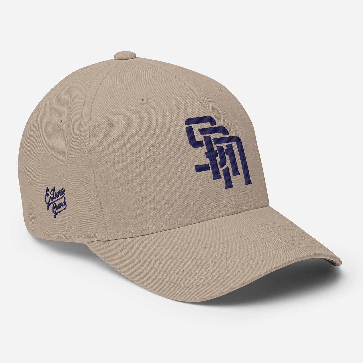 "SAN" Structured Twill Cap | Flexfit 6277 | E Luna Brand PREMIUM Quadcrest 4 Navy Thread Logos: Front, Left, Right Signature & Back [3D Puff Edition]