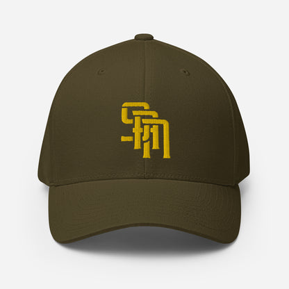 "SAN" Structured Twill Cap | Flexfit 6277 | E Luna Brand ESSENTIAL Duocrest 2 Gold Thread Logos: Front & Left