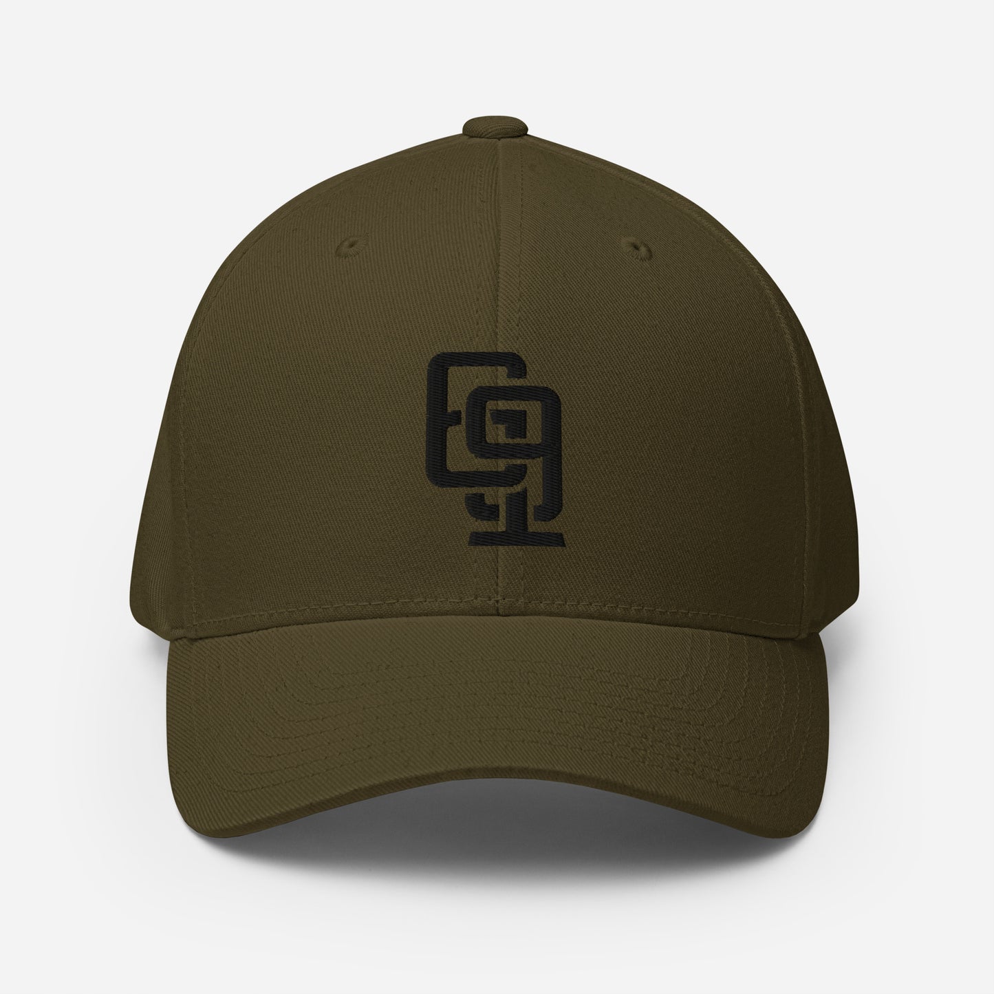 "619" Structured Twill Cap | Flexfit 6277 | E Luna Brand SELECT Tricrest 3 Black Thread Front, Left Side & Back Logos